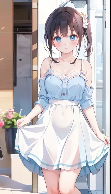 One Girl、positive、Standing posture、Full body portrait、Black Hair、Medium Haircut、blush、Absolute area、No panties、No bra、barefoot、Light blue dress、Off-the-shoulder dress、(Very large breasts)、Cleavage、((Lesbians around the world))、masterpiece、(highest quality)...