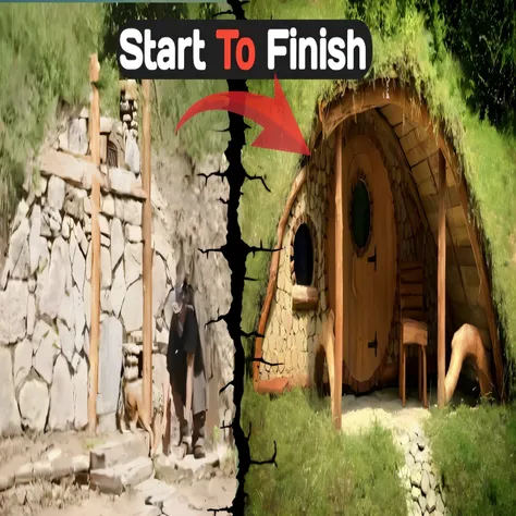 there is a picture of a man and a dog standing outside of a house, inside a medieval hobbit home, hobbit hole, amazing!, in his hobbit home, finally, interior of a hobbit hole, starts, earthship, wow!!!!!!, start, inspired lord of the rings, hone finished,...