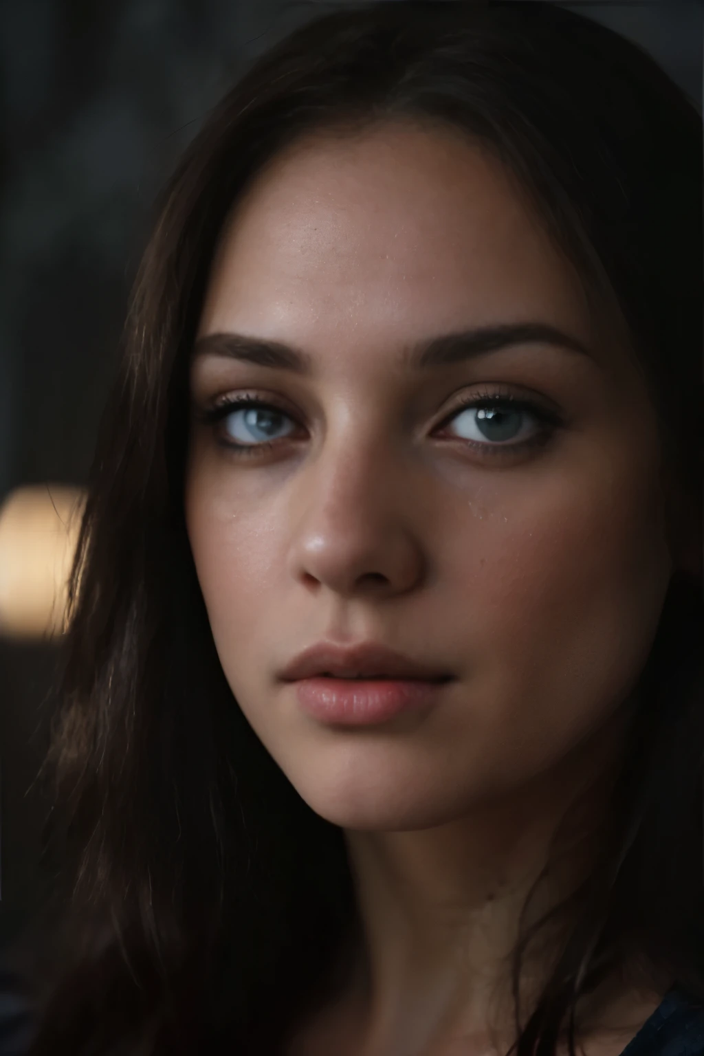 (close-up, editorial photograph of a 26 year old beautiful woman), white skin, long dark hair, blue eyes, (highly detailed face:1.4) (smile:0.7) (background inside dark, moody, private study:1.3) POV, nikon d850, film stock photograph ,4 kodak portra 400 ,...