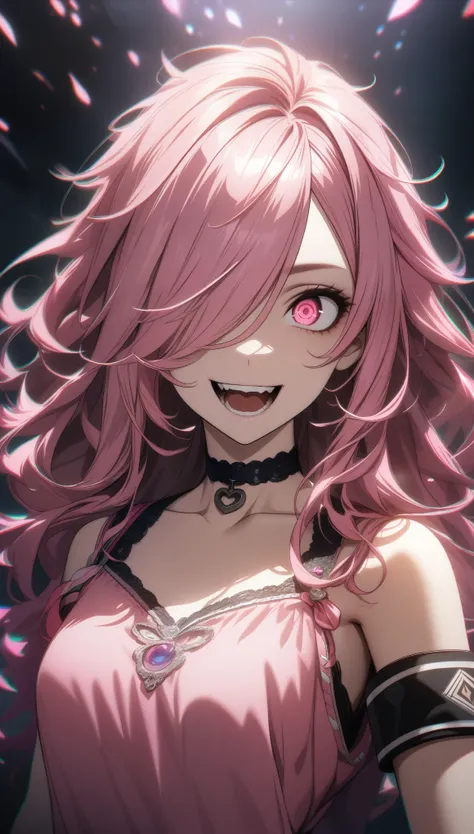 32k, best quality, ultra high res, HDR, UHD, extremely detailed CG, unity 32k wallpaper, highest quality, Intricate details, chromatic aberration, One girl, Long Hair, Pink Hair, Messy Hair, Pink highlights, Hair on one eye, Pink eyes, Sharp eyes, choker, ...