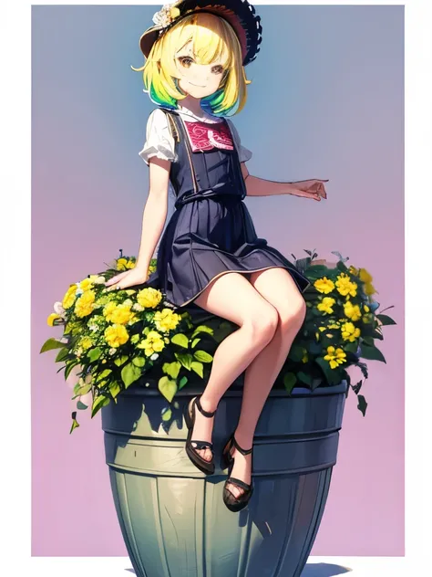 masterpiece, Highest quality, One girl, Podenko, a flowerpot, A small smile, Multicolored background, flower, Dynamic Color,