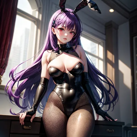 ((best quality)), ((masterpiece)), (detailed), 1girl, purple hair, tight suit, red eyes, fishnet stockings, bunny ears