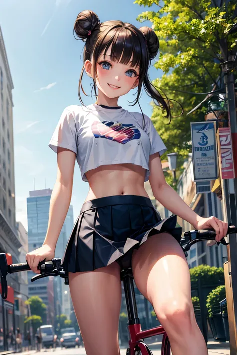 masterpiece、最高masterpiece、Masterpiece、beautiful girl、double bun hair, blunt bangs, Ultra mini skirt、Crop top、Riding a bike through the city、smile