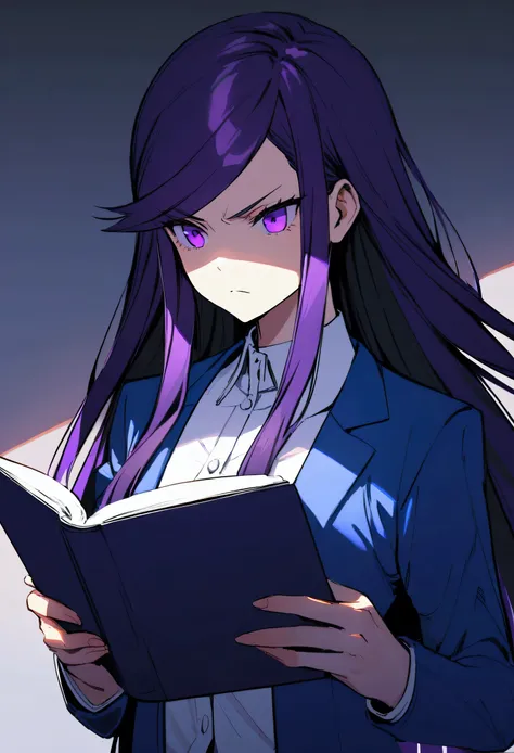 Teenage girl, tidy hair, long hair, long straight bangs, cabelo roxo, purple eyes, serious face, white  shirt, blue school jacket, reading a book, slim body, imposing presence