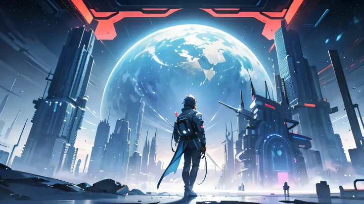 futuristic city，A man standing on a hill looking at a planet, In front of the Sci-fi city landscape, Science Fiction Fantasy, Macro，deeper into the metaverse we go, Space Opera and Dystopia, future world, Sci-fi world, In the fantasy Sci-fi city, Sci-fi ci...