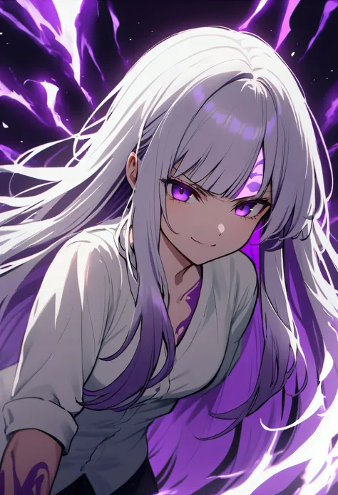 Teenage girl, tidy hair, long hair, long straight bangs, multicolored purple and white hair, purple eyes, serious face, white  shirt, left hand extended forward, a bright purple amethyst on the forehead, purple tattoos on the body, purple aura of energy ar...