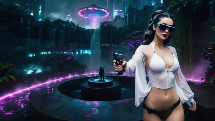 At night, aerial view of a mysterial sky garden, horror dark statue, a holographic cyberpunk city in the background with flying vehicle, fountain, waterfall, atmospheric fog, Matrix style, (1girl, solo), large-breast:1.3 D-cup slim:0.9 body, cleavage:1.3, ...