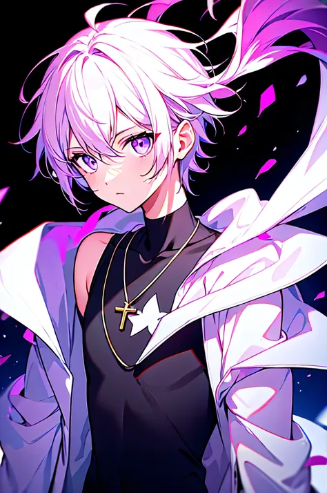 [(BLACK BACKGROUND:1.5)], ((((masterpiece)))), high quality, ((solo)), ((1 little boy)), ((white short hair)), (purple color eyes), upper body, civilian clothes white, Necklace of crosses, (purple effect:1), anime,