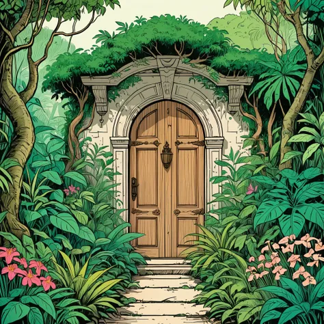 (poster composition,fine lineart, graphic novel style:1.35), ((closeup headshot:1.2)) of a secret garden with a wooden door, ((trees)), ((flowers)), ((jungle, trees:1.3)), cinematic, detailed, flat colors, inked lineart, paper grain