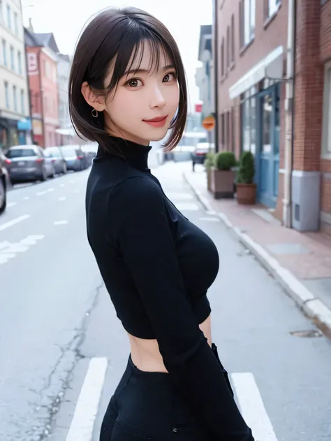 (masterpiece, Highest quality),1 girl, alone, hyper reality, reality的,reality, Looking at the audience, Light brown eyes:1.4,Brunette Short Bob Hair with highly detailed shiny hair, Brightly colored winter clothes, Lepangas:1.4), Outdoor, Mouth closed, Upp...