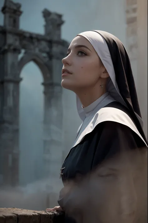 Masterpiece, (a half body shot:1.3), (A beautiful catholic 68 years old nun girl is in the foreground, ultra realistic face, ultra detailed face:1.4), her silhouette stark against the dimly lit backdrop of the ruined abbey. (Wisps of fog swirl around her f...