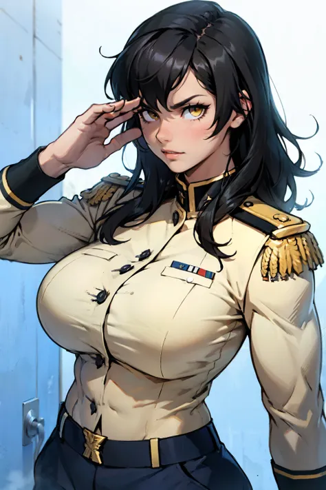 joyful saluting gesture saluting gesture saluting gesture saluting gesture black hair yellow eyes pale skin muscular girl massive breasts military uniform