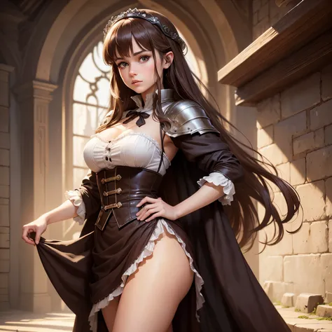 8k, masterpiece, best quality, realistic, higly detailed, 1human, female human, 22 years old human, female, solo, Lunoire Faust, DanMachi, dnd, d&d, dungeons and dragons, dungeons & dragons, rpg, ttrp, brown eyes, medium length brown hair, maid