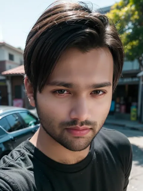 A beautiful young bearded man with highly detailed skin.black hair.happy emotion