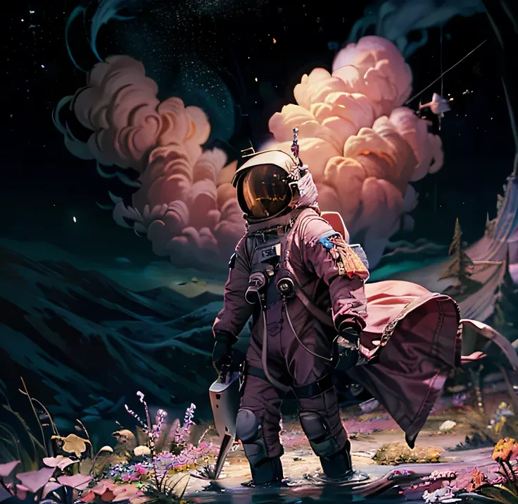 he astronaut walks in the sea of flowers dotted with pink clouds,The astronaut who is alone,The astronaut cannot leave this planet,The astronaut is lost in the boundless space.