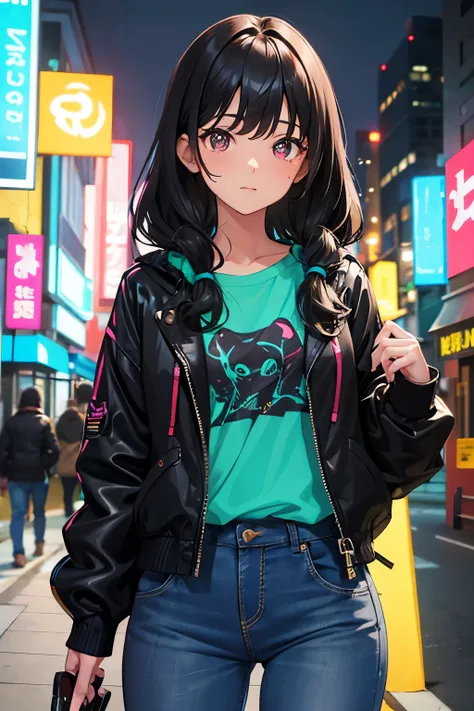 1girl, taned skin, curly black hair, long hair, neon colored clothing, silk pullover, jeans, geek, futuristic, (SFW), OC, tan