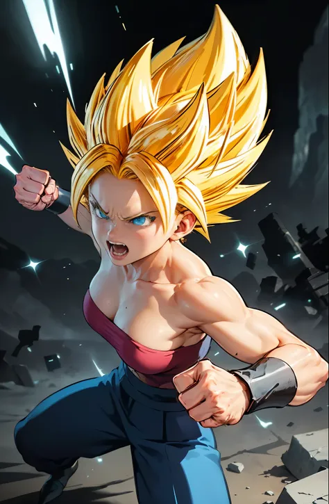 the female character Caulifla in a dynamic and powerful pose. Caulifla is a strong and muscular Super Saiyan, Known for her confident and defiant attitude. She has an athletic and muscular physique, demonstrating strength and agility. (medium bust), Your s...