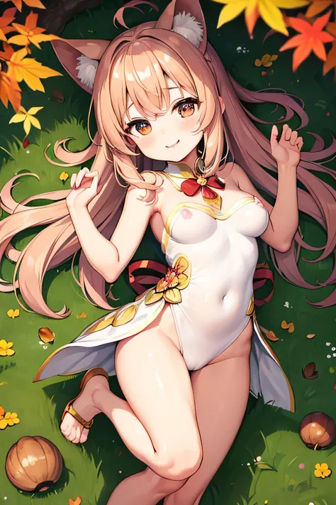 Highest quality、High resolution、Detailed Background、mysterious、(Beautiful face in every detail:1.4)、Anatomically correct、Highly detailed face、(Huge breasts:1.2)、Perfect body line、Light color hair、Cute gestures、nature、Fun atmosphere、A big smile、Looking at m...