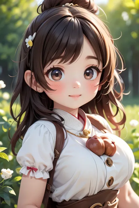 Highest quality、High resolution、Detailed Background、mysterious、(Beautiful face in every detail:1.4)、Anatomically correct、Highly detailed face、(Huge breasts:1.2)、Perfect body line、Light color hair、Cute gestures、nature、Fun atmosphere、A big smile、Looking at m...