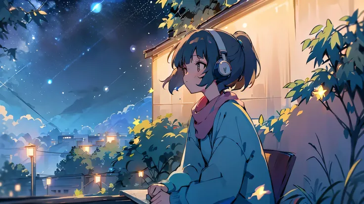 Imagine a serene night scene, perfect for your lo-fi video. A person sits on a grassy hill, back turned to the viewer, gazing up at the vast, star-filled sky. The silhouette of the figure is softly illuminated by the gentle glow of the moon, which hangs hi...