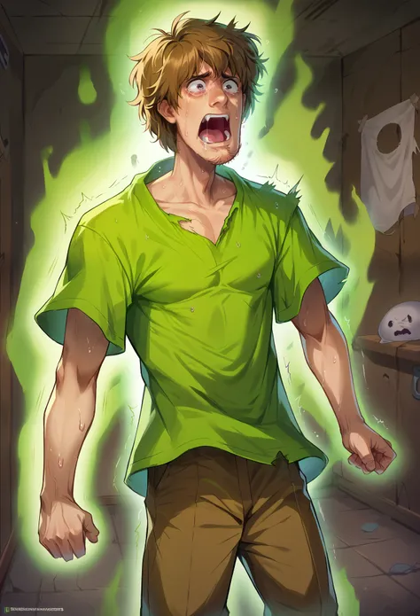 score_9, score_8_up, score_7_up, 1boy, solo, shaggy rogers, brown hair, green shirt, brown pants, standing, scared face, sweatin...