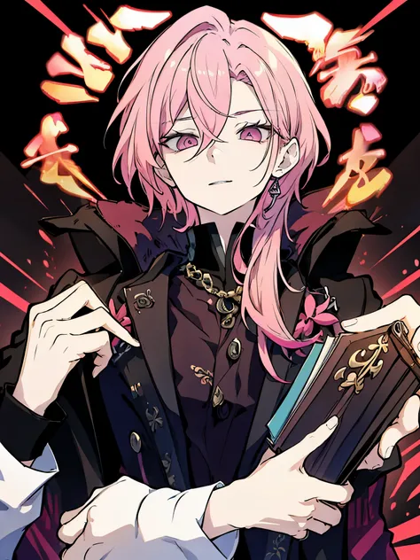 Boy, rich, gambler, pink hair, pink eyes, gambler male, arrogant, portrait extremely detailed, hand, portrait only