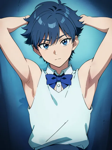 Highres, Masterpiece, Best quality at best,Best Quality,hight quality, hight detailed, Anime style, age 12, 1boy, Boy, Shota, Solo person, young man, Kpop, upper body, slim body, Sleeveless vest, waiter, Bow tie, choker, bare shoulder, grey background, (Sh...