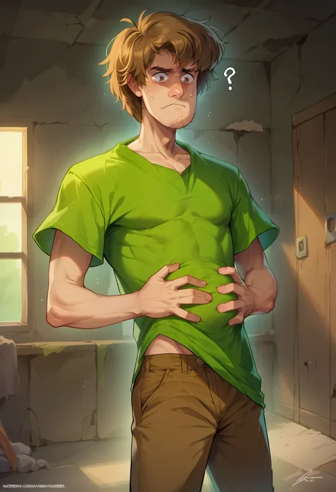 score_9, score_8_up, score_7_up, 1boy, solo, shaggy rogers, brown hair, green shirt, brown pants, standing, confused face, nervo...