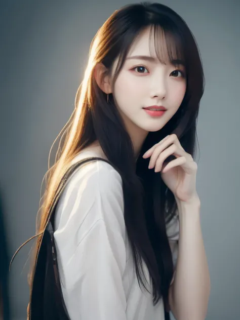 ((photorealistic:1.3)),((ultra detailed)),((sharp:1.5)),1woman,28yo, solo, black hair, long hair, original, realistic, looking at viewer, upper body, shirt, white shirt,lips, brown hair, parted lips, photo-referenced, real life, simple background, no makeu...