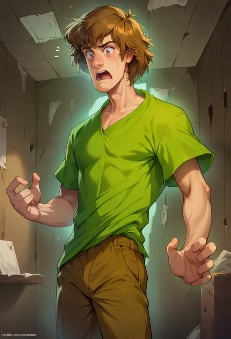 score_9, score_8_up, score_7_up, 1boy, solo, shaggy rogers, slender body, thin waist, brown hair, medium hair, green shirt, brow...