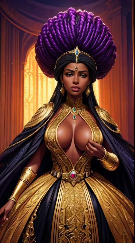 A beautiful black African princess, highly detailed, hyperrealistic, afrofuturistic, afro-futuristic, full body shot, royal dress, intricate jewelry, otherworldly atmosphere, dramatic lighting, vibrant colors, cinematic composition, chiaroscuro, volumetric...