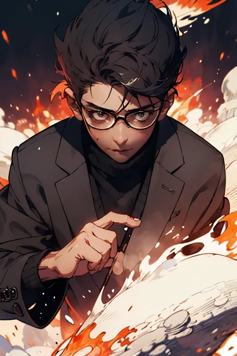 a boy with glasses, short brown hair, a black overcoat, a red sweater looking from top to bottom. Has a red sickle. In the background there are red flames.