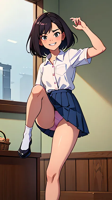 ((best qualityer)), ((work of art)), (detailded), face perfect, class room, (((Grinning))), slender 14 year old teenager, (((jumpping))), (((legs together, Knee flexion))), ((((plain white shirt with buttons)))), (((dark blue pleated skirt))), (((plain pin...