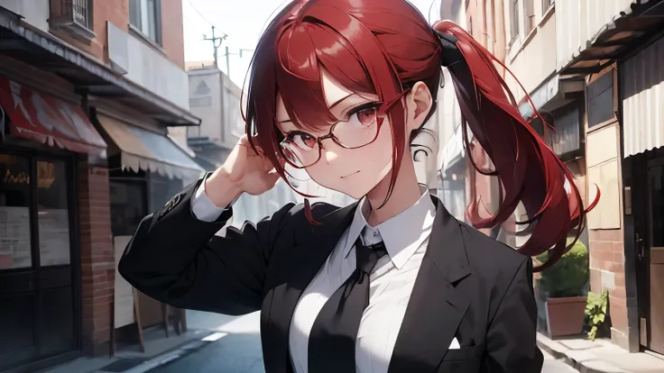 An 18 year old girl, with an enigmatic air and a sinister touch, She appears with red hair that falls to her shoulders., intensifying his deep honey-colored look, framed by elegant glasses. Her outfit is impeccable, similar to that of a mafia, consisting o...