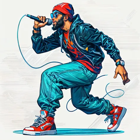 a man in a red hat and blue pants singing in front of a microphone, taps into microphone, taps, hip hop style, high quality artw...