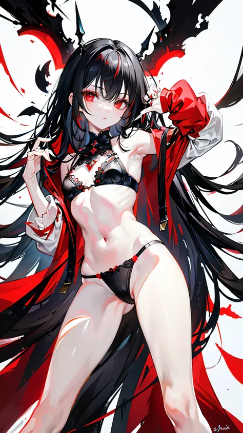 Dark style, black hair, white skin, red eyes, long hair, bangs，underwear，open legs