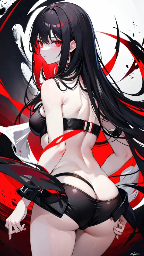 Dark style, black hair, white skin, red eyes, long hair, bangs，underwear，back