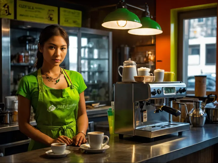 ((very sharp photo result, hyper realistic photo)) (((Best Quality))), (((masterpiece))), (((Ultra-detailed CG))),(((magical ))) an artsy edgy colorful striking cafe barista corner table with coffee maker machine that steam and a cup of hot coffee, lime gr...