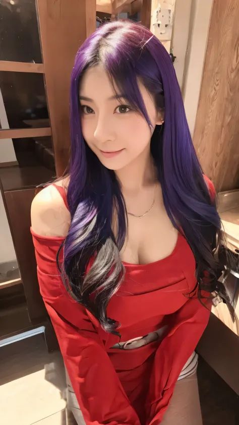 selfie from home, real pic, asiatic, black and purple hair, red clothes, detailed face, detailled background, pose