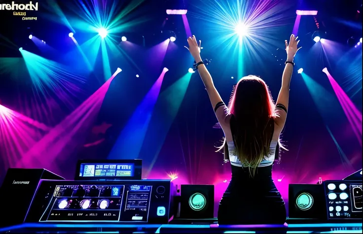 there is a woman in a sexy costume in front of the dj mixing desk,  model with hands raised, in front of the crowd at the show,,...