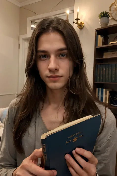 Close-up shot of a young british man, he has straight hair, dense hair and dark blue eyes in front of a room background. he is studying medicine he holds books, The lighting is soft and warm, with a slight golden glow, creating a sense of intimacy. their a...