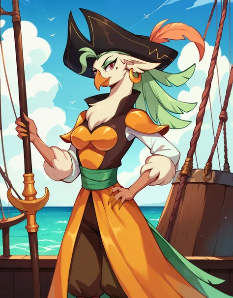 score_9,score_8_up,score_7_up, score_6_up, score_5_up, source_anime, anthro, female, captain Celaeno mlp, avian, standing, hat, skinny pirates clothes, outdoors on a pirate ship