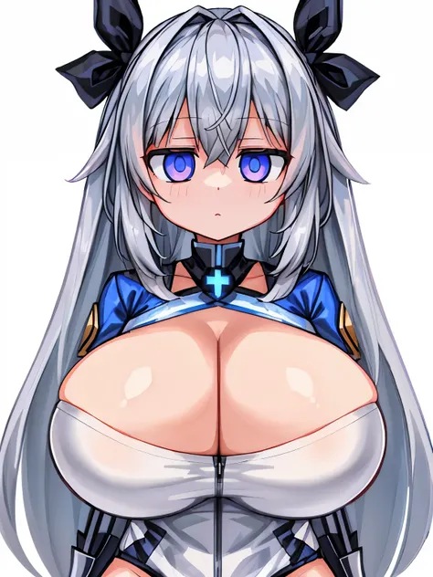 (girl), (dual_tone_eyes:1.2), (long silver hair:1.2), (huge tits:1.1), (fantasy soldier:1.2), (huge_weapon:1.2), (white background). (cleavage)