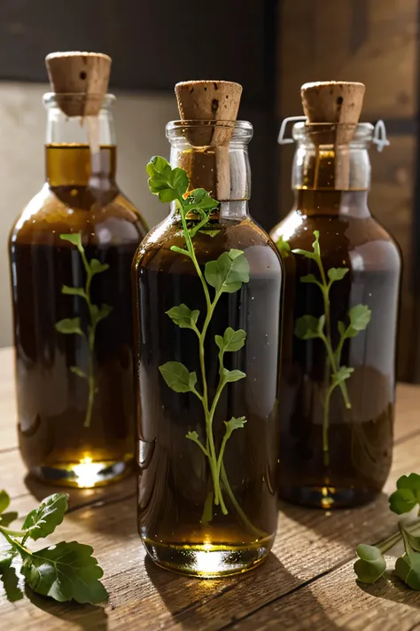 Pharmacy bottles with syrup and watercress leaves
