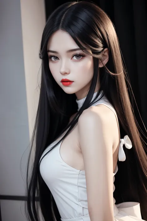 1 girl, dark long hair, glare eyes, Red lips, cute but strong, in 3 d drawing, anime style mysterious pose, DRESSED IN WHITE