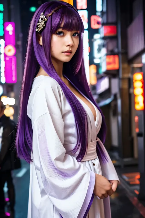 1girl, blunt bangs, braid, wide sleeves, hair ornament, japanese clothes, red obi, (purple hair:1.2), very long hair, straight hair, looking at viewer, highly detailed background, (photo realistic:1.2), detailed eyes, red eyeshadow, depth of field，thigh, (...