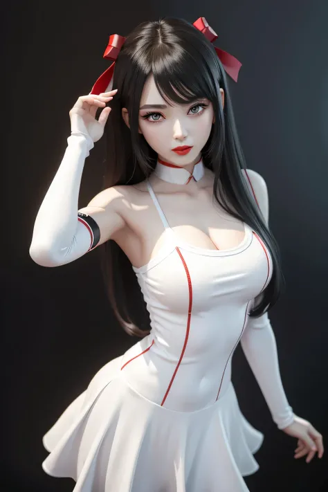 1 girl, dark long hair, glare eyes, Red lips, cute but strong, in 3 d drawing, anime style mysterious pose, DRESSED IN WHITE