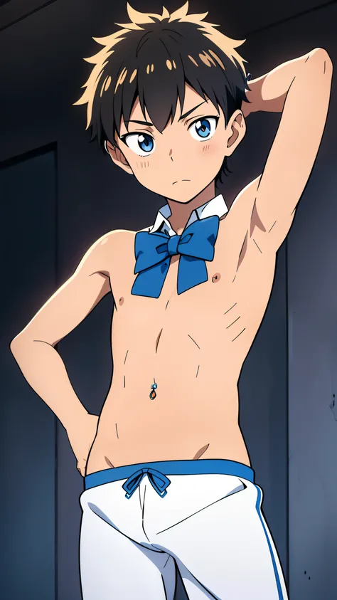 Highres, Masterpiece, Best quality at best,Best Quality,hight quality, hight detailed, Anime style, age 12, 1boy, Boy, Shota, Solo person, young boy, upper body, slim body, Shirtless, bow tie, earring, Navel piercing, grey background, (Showing armpit:1.3),...