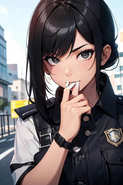 A police girl with black hair, black eyes, he has a lit cigarette in his mouth, is looking ahead. 