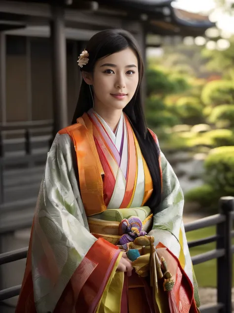 Front view , ((standing on garden), a Japanese ancient girl, looking at viewer, beautiful Japanese Young General, girl is 20 years old, (Highly detailed face, Black hair ,Brown eye, Variegated eyes, Fuller lips, little Lips, little smile), (middle breasts,...